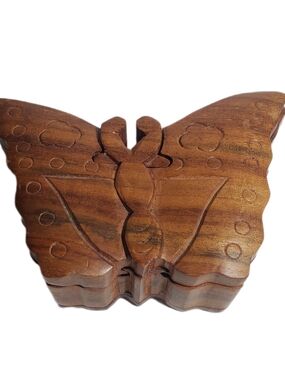 Hand-carved Wooden Butterfly Puzzle Box | Trinket Box Secret Compartment Box NWT
